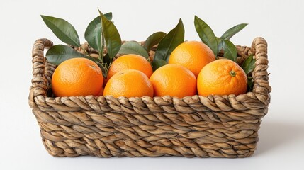 Freshly Picked Oranges in a Wicker Basket with Lush Green Leaves