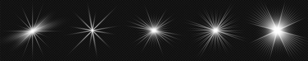 Glowing light bursts with sparkles. Glow light effect set, lens flare, explosion, glitter, line, sun flash, spark and star. Abstract image of lighting flare and white stars. Vector illustration