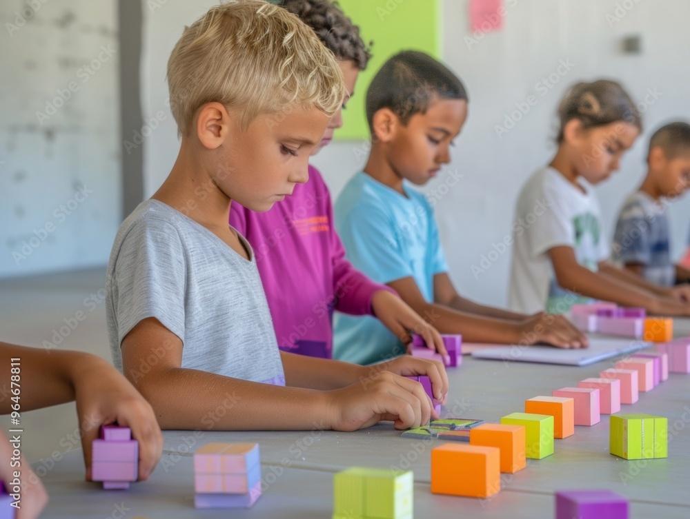 Aufkleber Diverse Group of Young Elementary Students Collaborating on Math Puzzle with Hands-On Materials During Daytime Class Activity