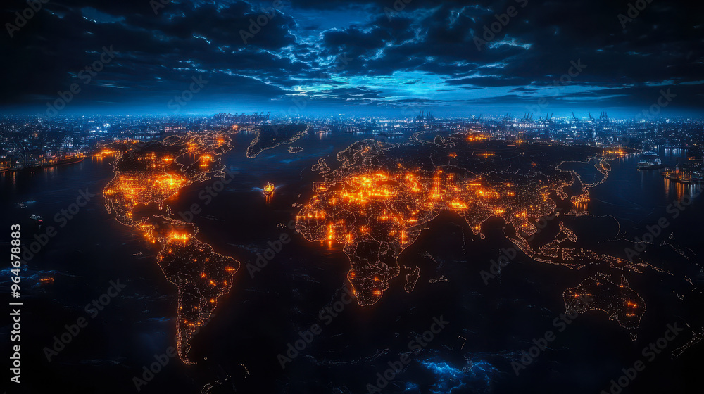 Poster global logistic network distribution and cargo ships delivering containers at a port during night - 