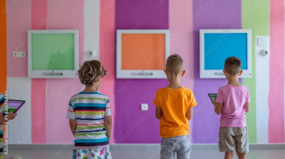 Leinwandbilder engaged schoolchildren using tablets and interactive whiteboards in a colorful modern classroom duri