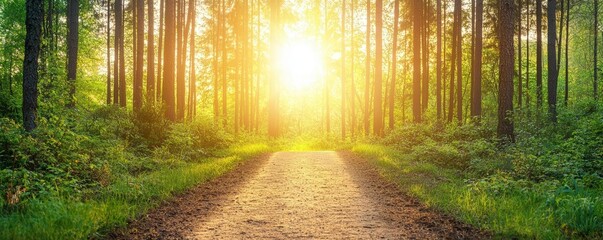 Fototapeta premium Radiant golden hour sunbeams illuminating a quiet forest path, nature's glowtime, peaceful and inspiring landscape