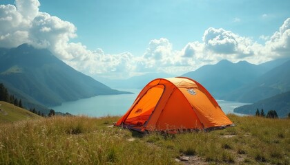 A Beautiful Camping Scene with an Orange Tent Overlooking a Stunning Mountain Lake