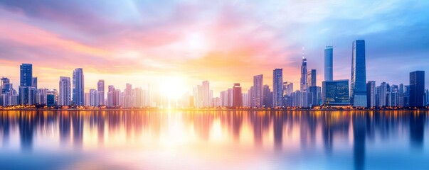 Fototapeta premium City skyline at dusk with glowing skyscrapers reflecting on a calm river, urban glowtime, serene and modern