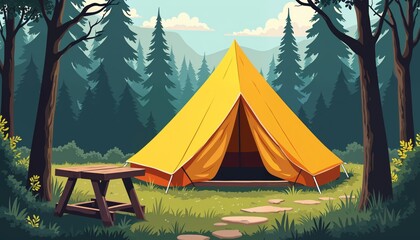 Serene Camping Scene with a Vibrant Yellow Tent Surrounded by Lush Greenery