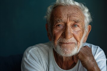 An elderly man with gray hair and a warm smile gazes thoughtfully while seated indoors against a blue backdrop in soft natural light