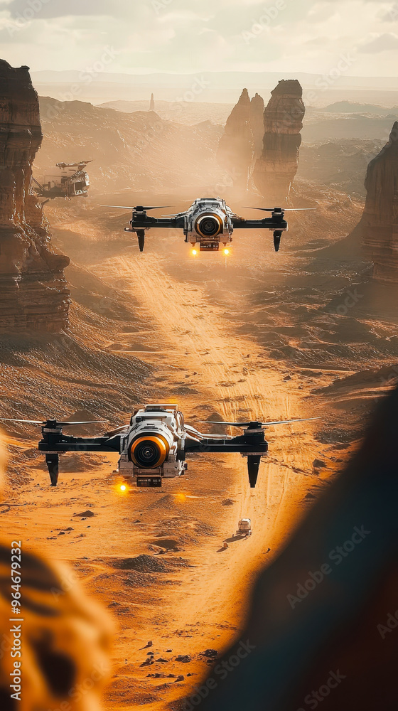 Aufkleber robotic drones conducting advanced land surveys on mars-like terrain, planetary exploration and colo