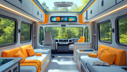 Modern camper van interior with orange couches parked in nature