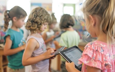 Elementary Students Engaged in a Group Project with Tablets in a Bright Classroom, Guided by Teacher in Dynamic Educational Technology Setting
