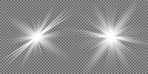Obraz premium Glowing light bursts with sparkles. Glow light effect set, lens flare, explosion, glitter, line, sun flash, spark and star. Abstract image of lighting flare and white stars. Vector illustration