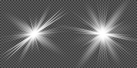 Glowing light bursts with sparkles. Glow light effect set, lens flare, explosion, glitter, line, sun flash, spark and star. Abstract image of lighting flare and white stars. Vector illustration