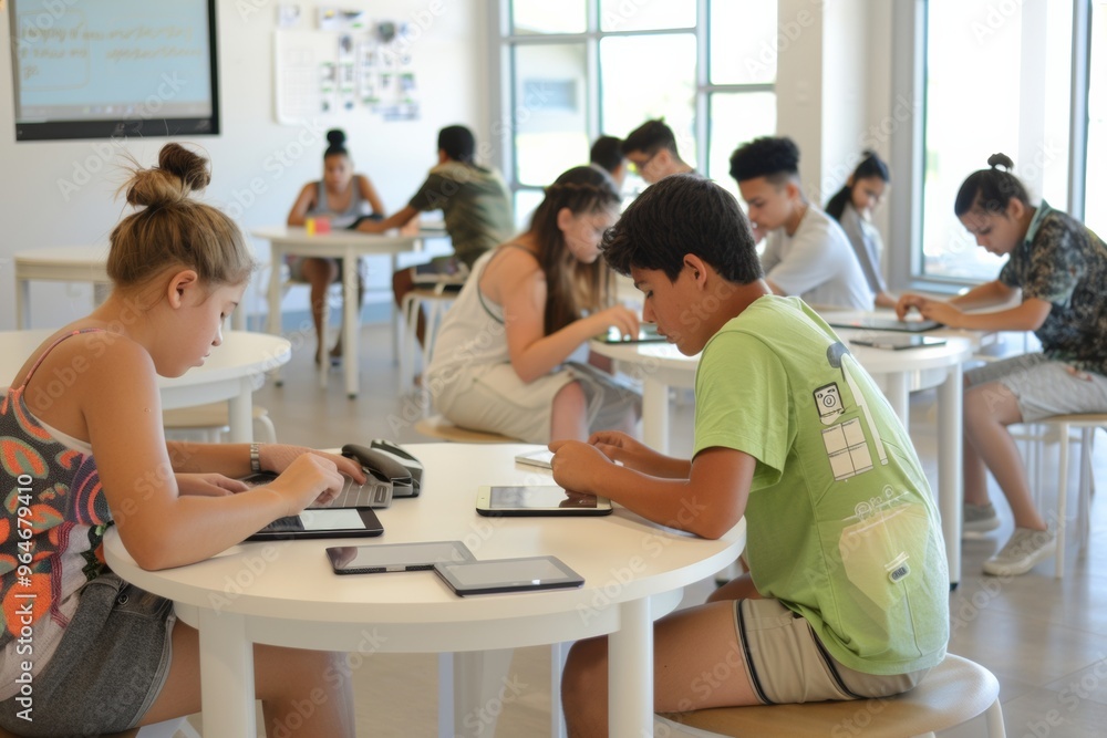 Poster Diverse Group of Tech-Savvy Students Engaging in E-Learning Session in Modern Classroom Using Tablets and Interactive Screens, Daytime