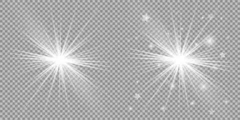 Glowing light bursts with sparkles. Glow light effect set, lens flare, explosion, glitter, line, sun flash, spark and star. Abstract image of lighting flare and white stars. Vector illustration