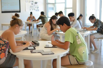 Diverse Group of Tech-Savvy Students Engaging in E-Learning Session in Modern Classroom Using Tablets and Interactive Screens, Daytime