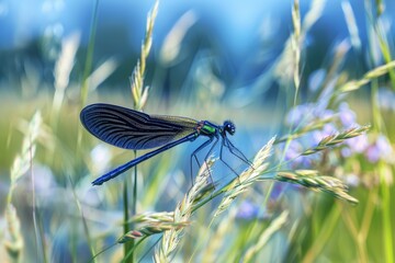  A red dragonfly up-close on a green leaf, background softly blurred. Beautiful simple AI generated image