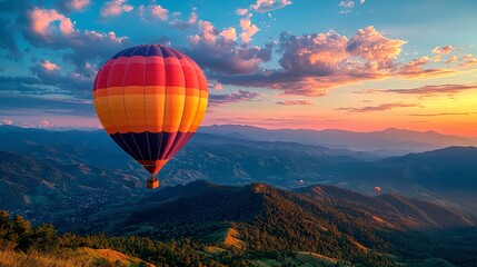 Obraz premium Colorful balloons hovering over the mountains at dawn, against a background of blue sky and greenery