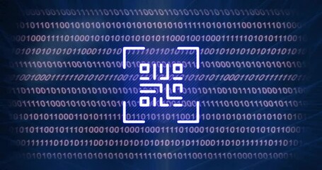 Animation of qr code, digital data processing over binary coding - Powered by Adobe