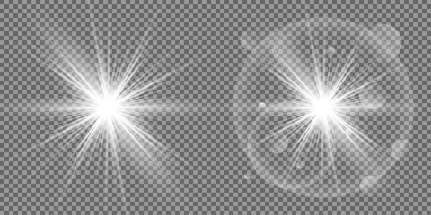 Glowing light bursts with sparkles. Glow light effect set, lens flare, explosion, glitter, line, sun flash, spark and star. Abstract image of lighting flare and white stars. Vector illustration