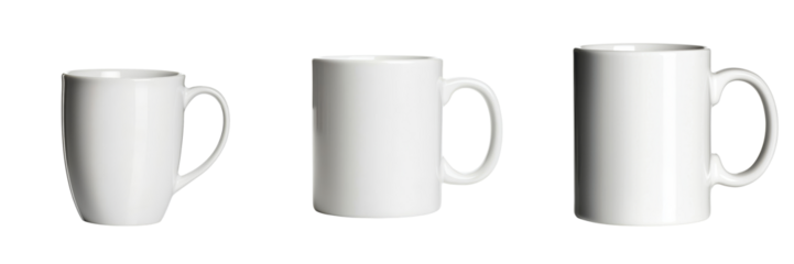 Three sizes of blank white mugs arranged side by side, perfect for showcasing custom designs or branding opportunities. Isolated on transparent background.