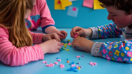 Children Collaboratively Learning in a Vibrant Classroom Working on a Community Project, Creative Activities, Practical and Community-Oriented Learning, Focus on Hands, Daytime