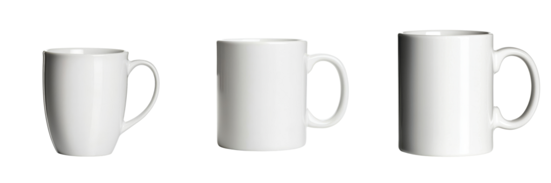Three sizes of blank white mugs arranged side by side, perfect for showcasing custom designs or branding opportunities. Isolated on transparent background.