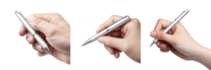 A close-up view of hands holding a silver pen, showcasing writing and signing actions with a sleek design. Isolated on transparent background.