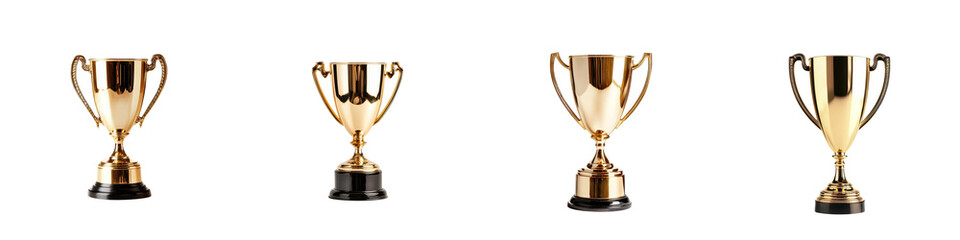 A collection of golden trophies representing victory and achievement, ideal for success-related themes and events. Isolated on transparent background.