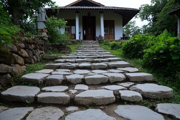 Obraz premium Walkway of cracked stones leading up to the house, with faint whispers carried by the breeze as if the stones themselves are alive