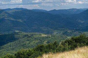 Naklejka premium Mountain ranges Carpathian. Hill forest meadows valley in summer