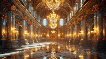 Obraz premium An opulent ballroom with golden decorations and chandeliers, creating a luxurious and grand atmosphere.