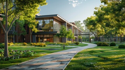 A modern educational campus with contemporary architecture and green spaces in an academic setting, creating a calm and inspiring atmosphere.