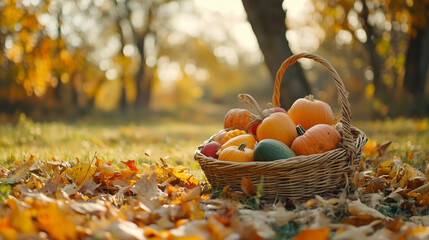 Authentic Thanksgiving Day traditions in a rural countryside, vegetable harvest outdoors and autumn leaves and trees background
