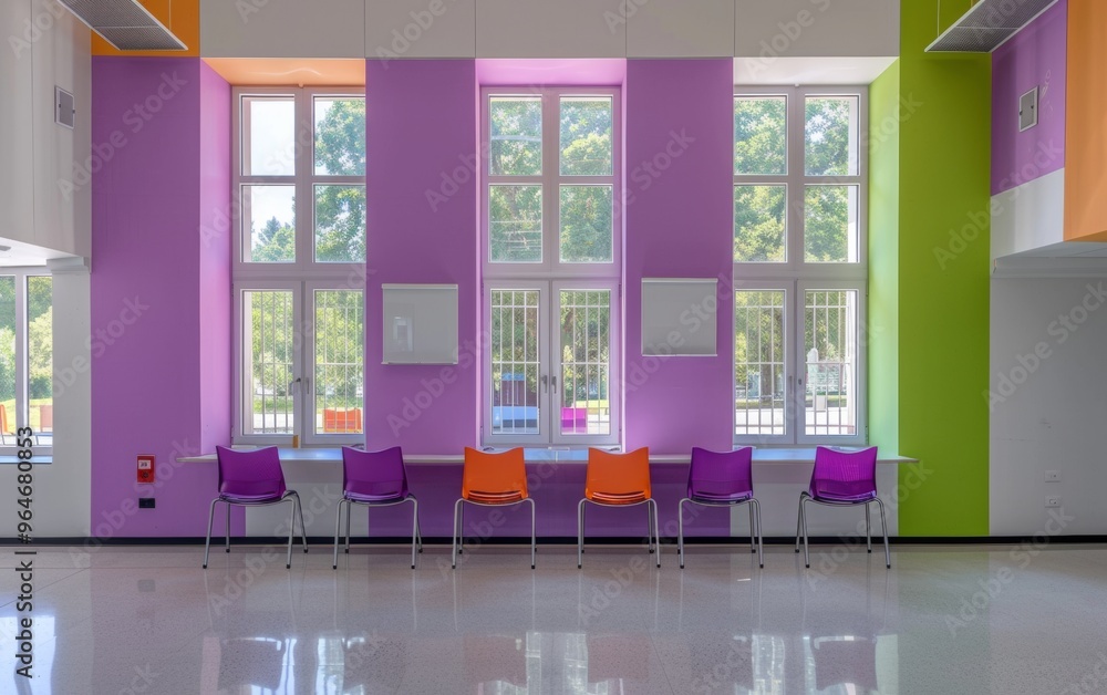 Poster diverse students collaborating in bright modern classroom during daytime group project