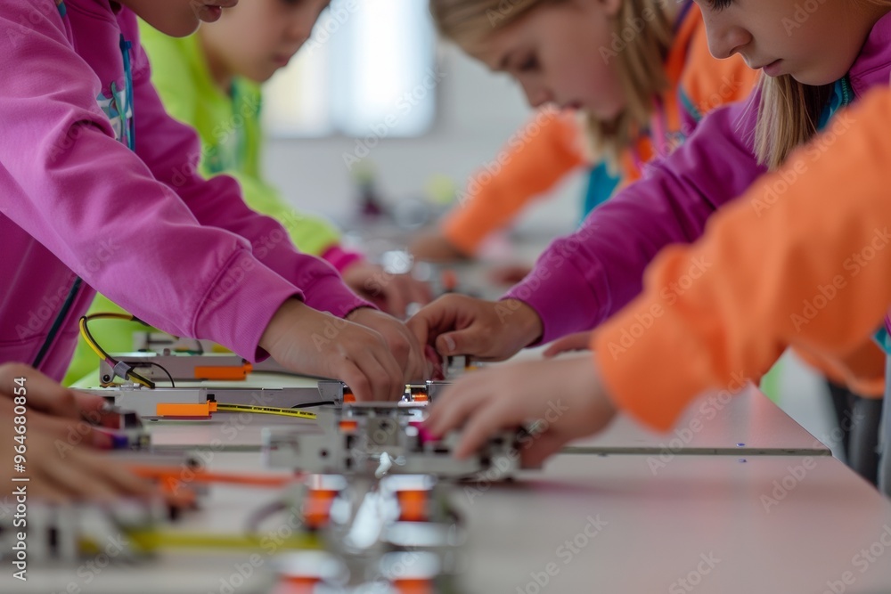 Aufkleber Focused Elementary Aged Students Collaboratively Assembling Robotics Arm Project in Classroom Setting During Daytime