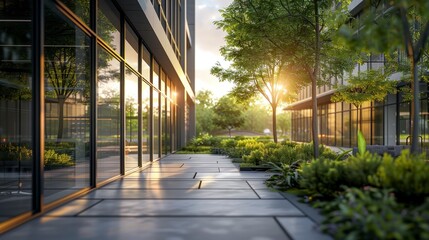 A modern office building with glass walls and green surroundings in an urban setting, creating a professional and welcoming atmosphere.