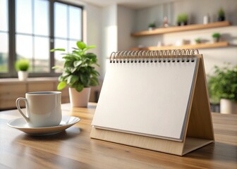 Empty spiral desk calendar 3d mock-up in table home and office Blank 3D table calendar. Office and home decor. Bright minimal background photo for your content