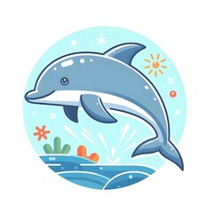 Cute happy dolphin cartoon flat style illustration., character, white background animal