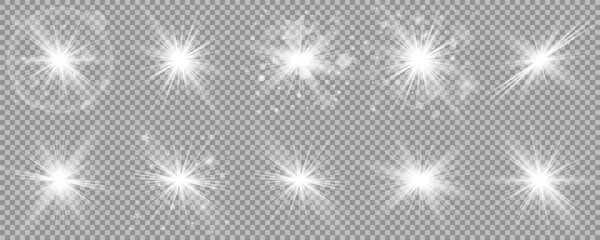 Fototapeta premium Glowing light bursts with sparkles. Glow light effect set, lens flare, explosion, glitter, line, sun flash, spark and star. Abstract image of lighting flare and white stars. Vector illustration