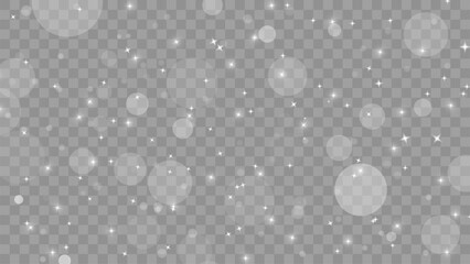 White png dust light. Bokeh light lights effect background. Christmas background of shining dust Christmas glowing light bokeh confetti and spark overlay texture for your design.