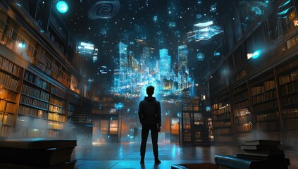 Obraz premium A Boy Gazing at a Futuristic Cityscape Projected in a Library