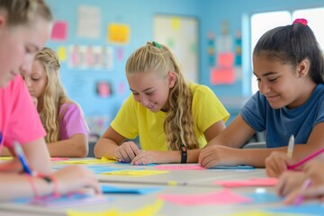 Fototapeta premium Caucasian and Hispanic high school students setting learning objectives in a bright, collaborative classroom with dedicated teacher guiding them during the day