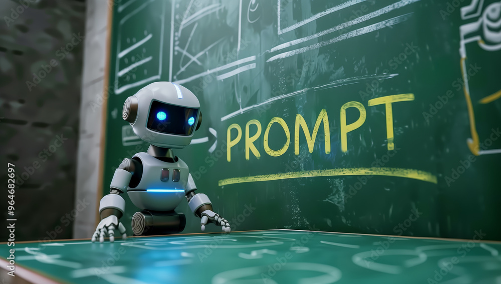 Aufkleber robot is sitting at a desk with a chalkboard behind it. the robot is looking at the chalkboard and t