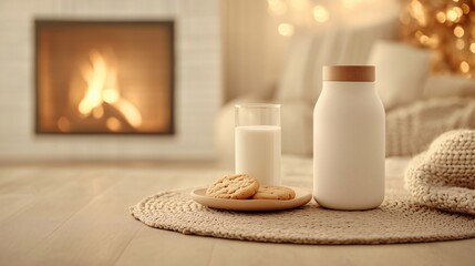Glass of milk and cookies on wooden plate standing on soft carpet by the fireplace, creating cozy atmosphere. New year's eve celebration