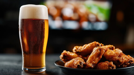 Close-up of a frosty glass of beer with a foamy head, alongside a plate of crispy fried chicken wings. The background is blurred, highlighting the focus on the food and drink.