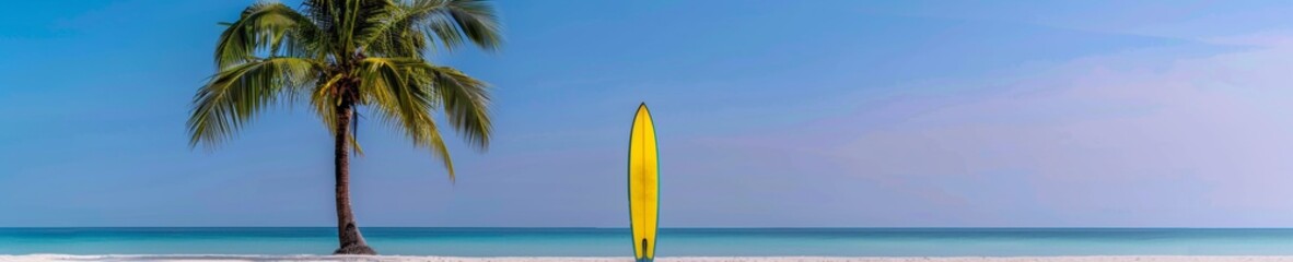 Minimalistic Tropical Scene with a Yellow Surfboard Leaning Against a Palm Tree on Sandy Shore During Daytime