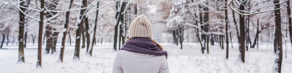 Obraz premium Young Woman in Stylish Winter Coat & Scarf in Snowy Park at Dawn, Capturing Winter Fashion Essence
