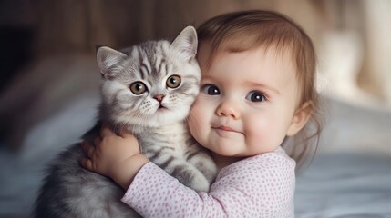 Cute Baby Girl Tightly Hugging Her Fluffy Cat at Home During the Afternoon