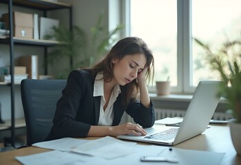 Obraz premium a woman is working on a laptop and she is looking at her laptop