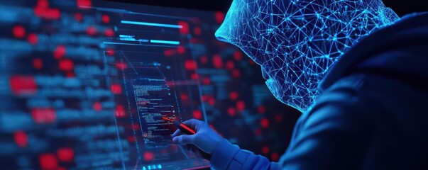 Hooded figure working on a computer with a glowing blue interface.