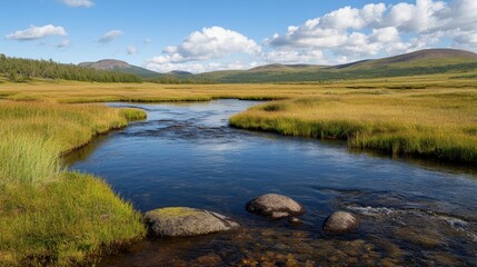 A serene landscape featuring a flowing river surrounded by lush greenery and rolling hills under a blue sky with fluffy clouds.